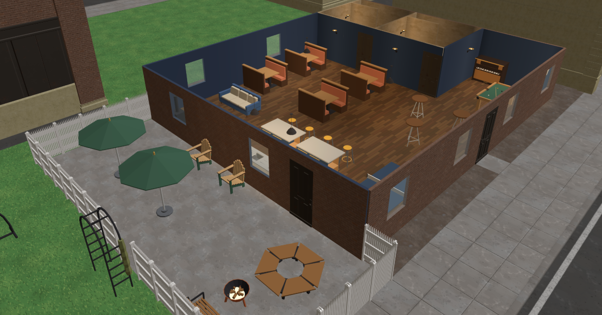 A bar built in the game, seen from above: booths, bar stools, a pool table, a piano and two restrooms behind a brick front wall